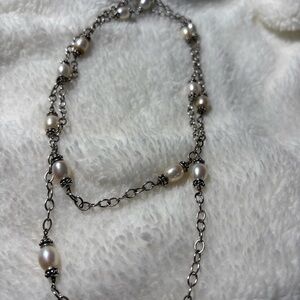 Baroque Pearl Necklace 925 Sterling End Cap Beads Blackened Silver Chain 36”